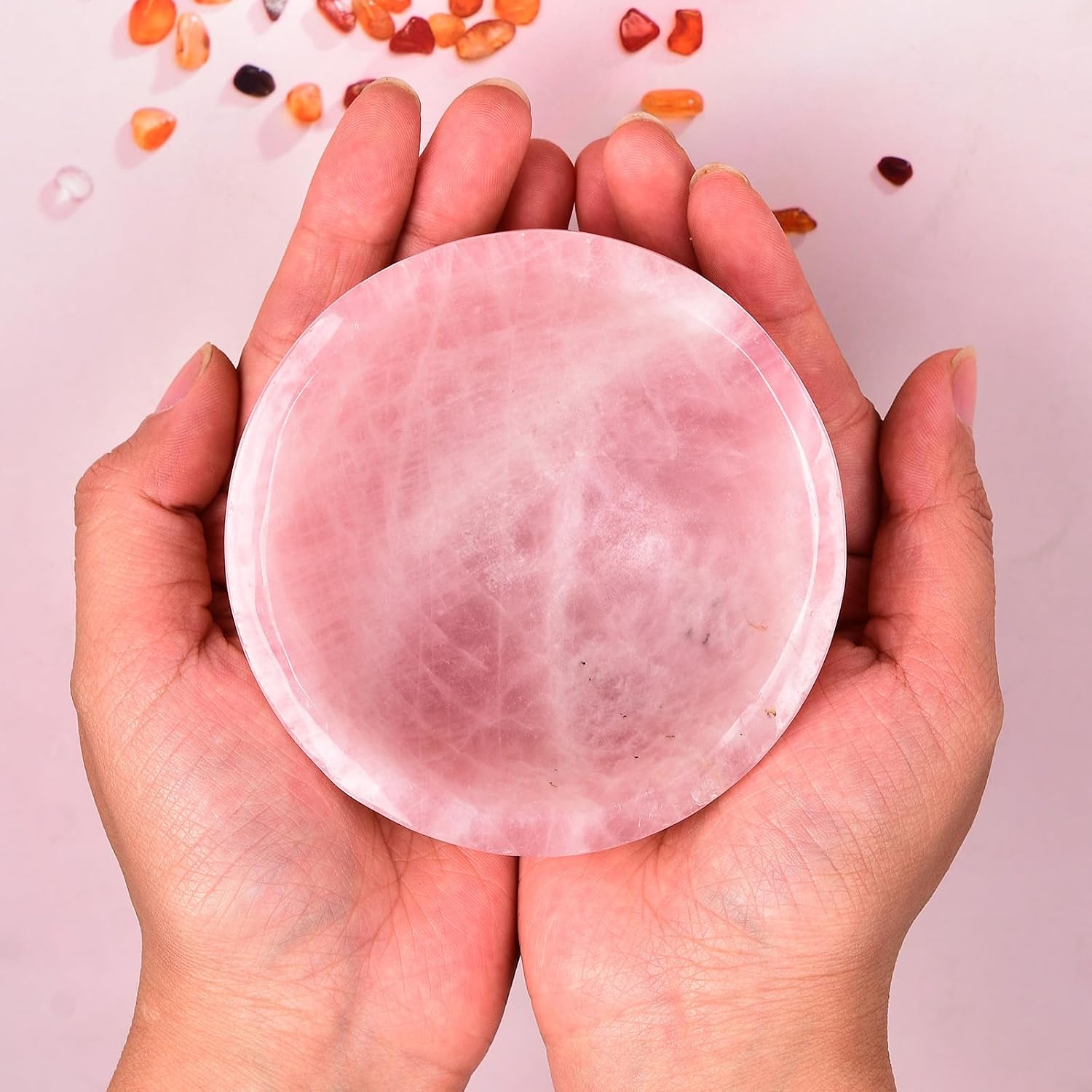 Natural Rose Quartz Crystal Bowl Hand-Carved Round Pink Crystals Gemstone Bowl Reiki Healing Home Decoration Gift 3.5-4"