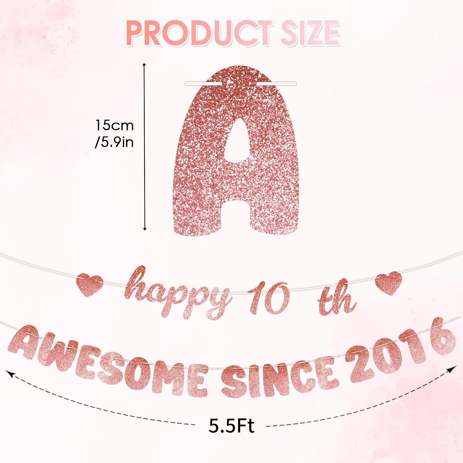 Rose Gold 10th Birthday Party Decorations for Girls - Glittery Happy 10th Birthday Banner, Double Digits Awesome Since 2016 Garland, 5.5Ft Premium Rose Gold Party Supplies Backdrop image 4