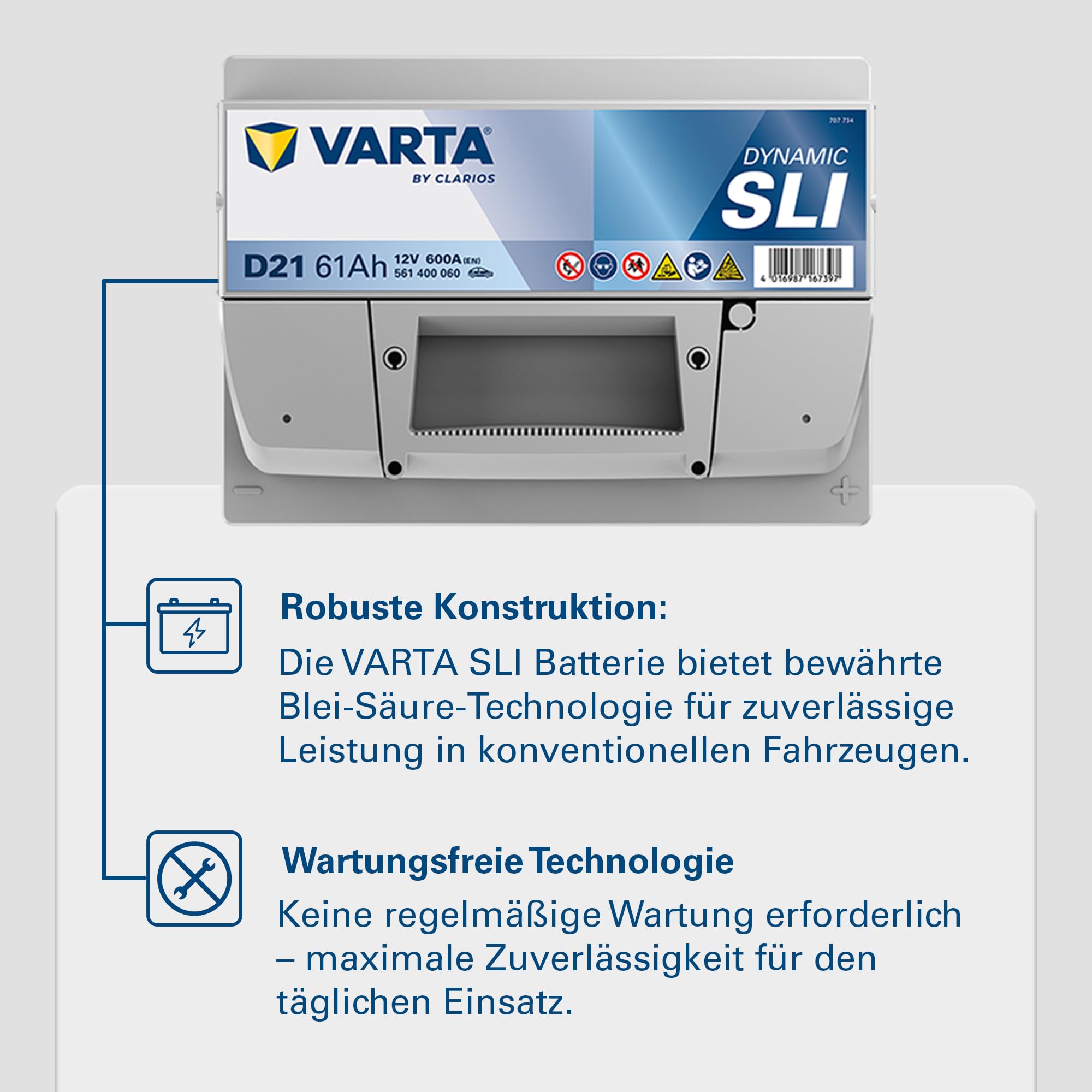VARTA Automotive DYNAMIC SLI (D21) 12V 61Ah 600A - Nassbatterie KFZ mit Standardausstattung & ohne Start-Stopp System - Starterbatterie für einfachen Energiebedarf - Bleisäurebatterie wartungsfrei