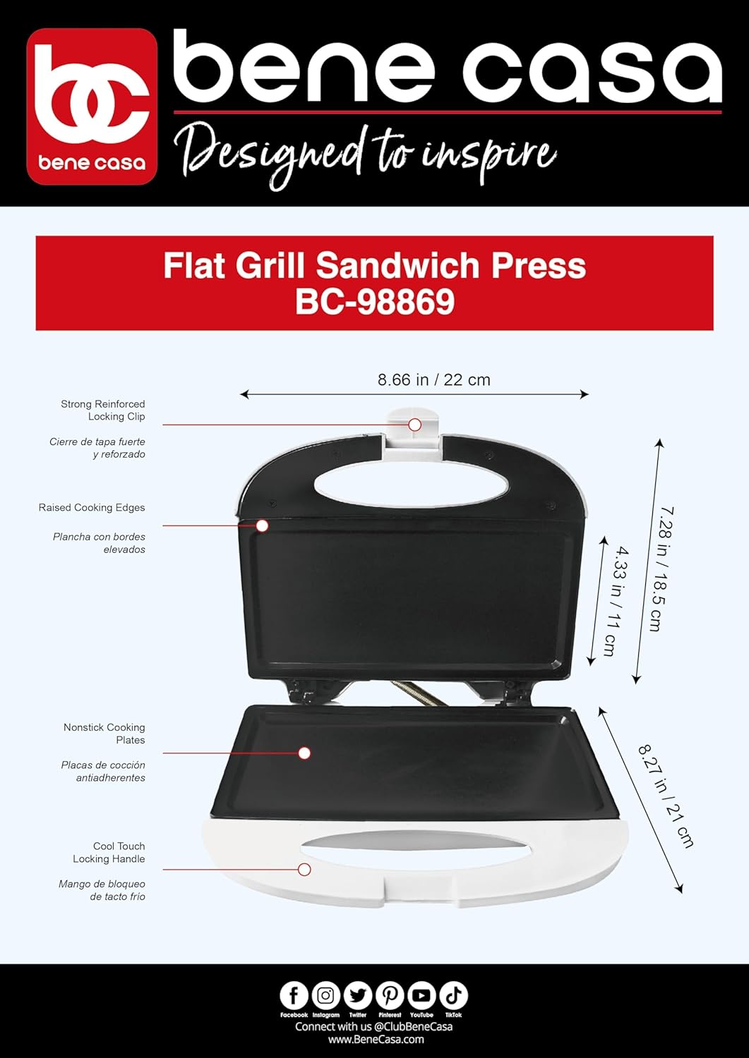 Bene Casa Flat Grill Sandwich Maker, White, Cool Touch Sandwich Maker, non-stick, Compact, Cool Touch Sandwich Maker, Flat Grid, Easy Clean/Tostadora Para Sandwich, Ideal Para todas las Tostadas