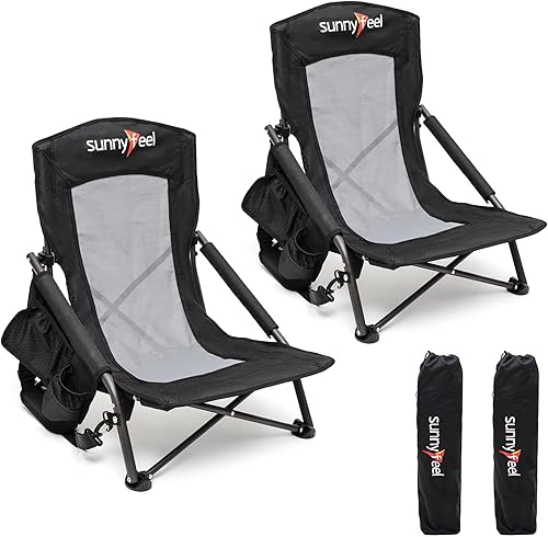 SUNNYFEEL Silla de playa plegable baja para campamento, paquete de 2, silla de césped portátil ligera con respaldo de malla, portavasos para