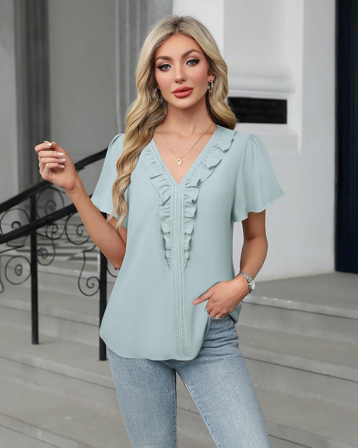 Lotusmile Womens Dressy Ruffle Tops Summer Chiffon V Neck Work Blouse Casual Flutter Short Sleeve Shirts - Image 3