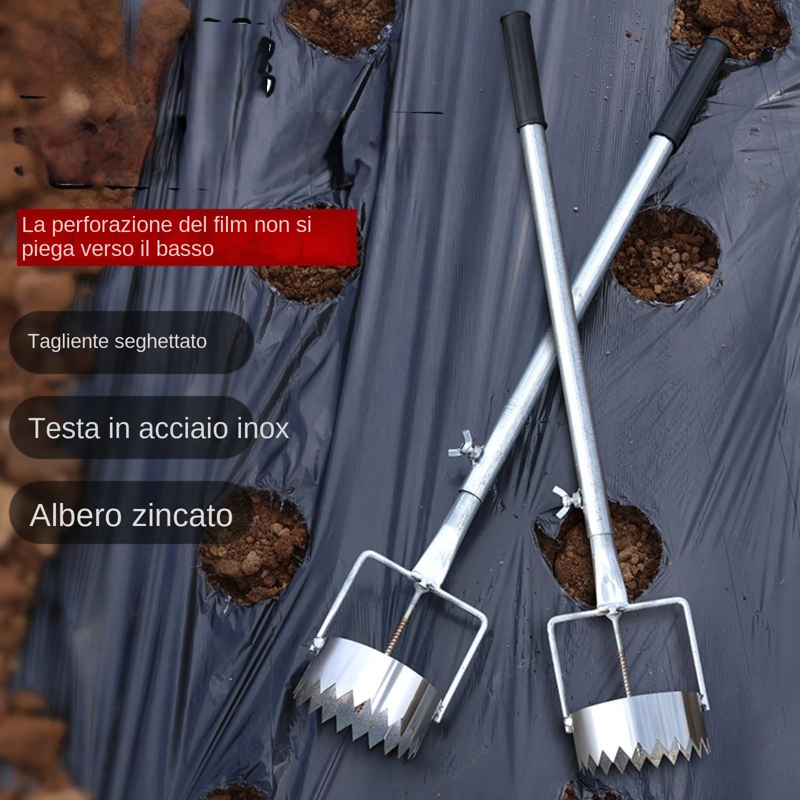 Foratrice per bulbi e pacciamatura, in acciaio inox, regolabile, strumento per la rimozione delle zolle, per piantare serre, cura del prato e lavori in giardino,Perforatrice per pellicole di plastica,