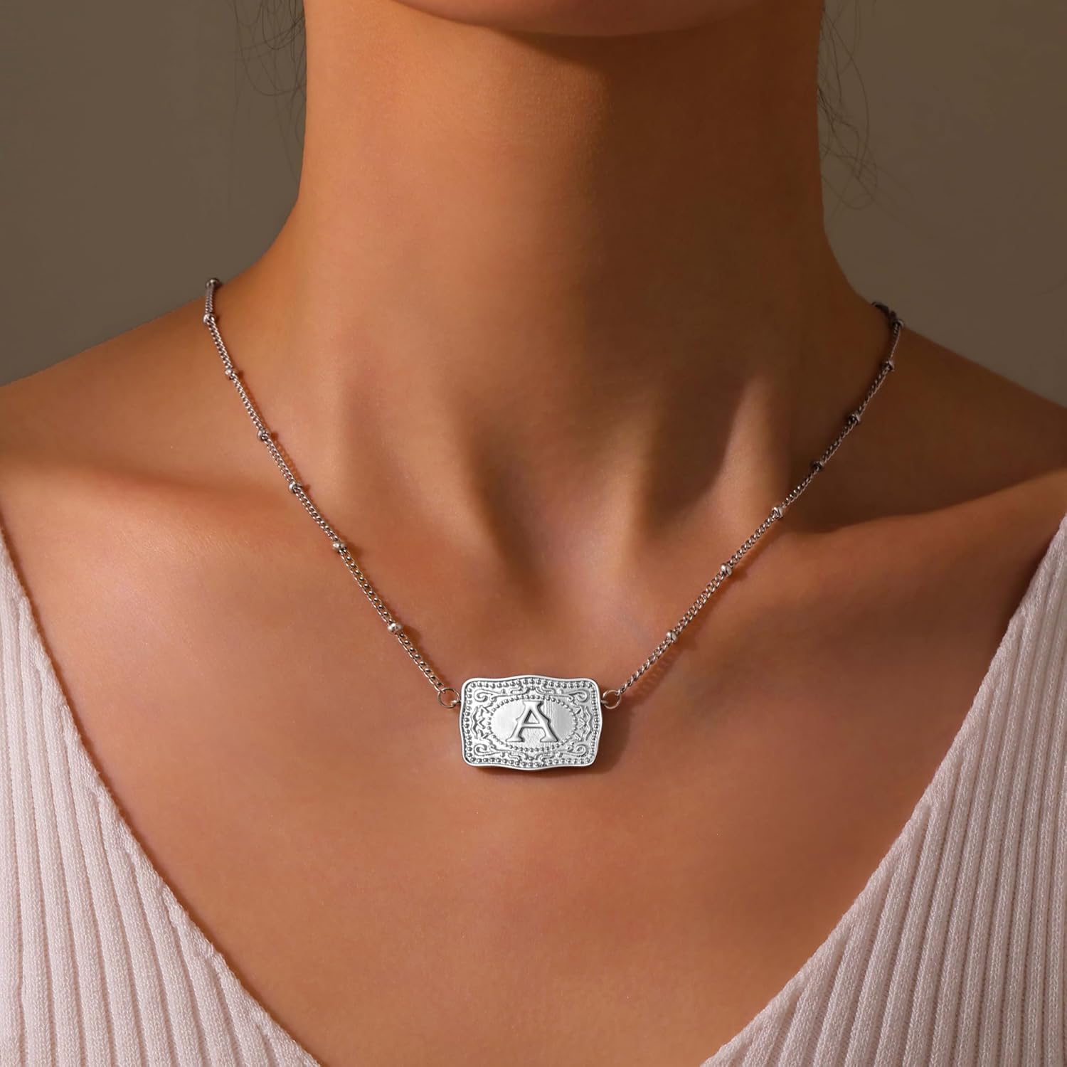 Gold Silver Initial Necklace for Women, 18K Gold Plated Mini Belt Buckle Initial Necklace, Letter A-Z Pendant Charm Necklace Unique Western Jewelry Gifts for Women Men - Image 3