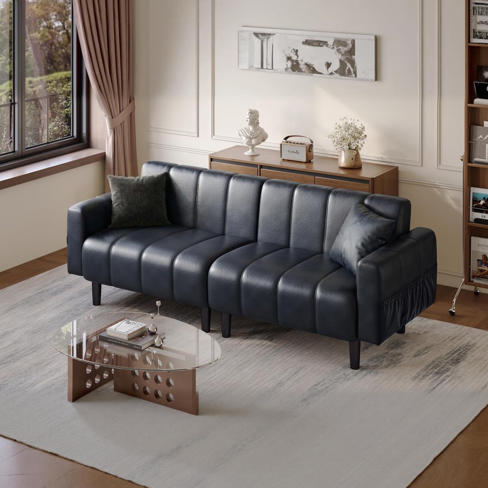 83" Faux Leather Futon Couch,Mid Century Modern Leather Sofa(Black) | Adjustable Backrest,Convertible,Storage Pocket,Wooden&Steel Frame for Office,Living Room,Space-Saving