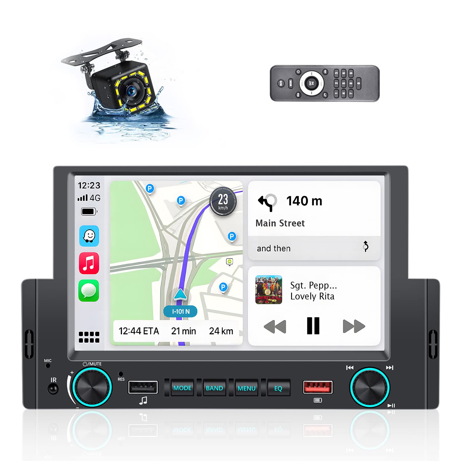 6.2 inch Single Din Car Stereo Apple Carplay Android Auto Touchscreen Radio with Backup Camera Dual USB Remote Support Steering Wheel Control