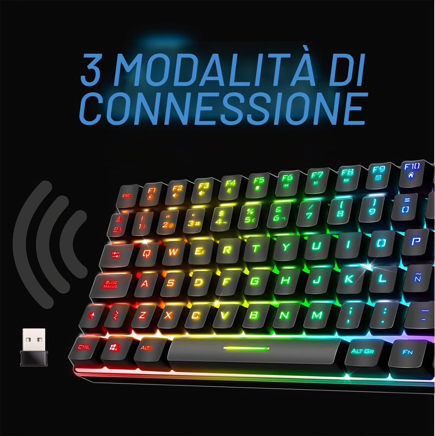 Spirit Of Gamer | Tastiera Gaming Bluetooth Wireless | Layout spagnolo QWERTY | Keyboard TKL Compact 65% | Tasti semi-meccanici inclusi 25 anti-ghosting | Compatibile con PC, telefono e tablet