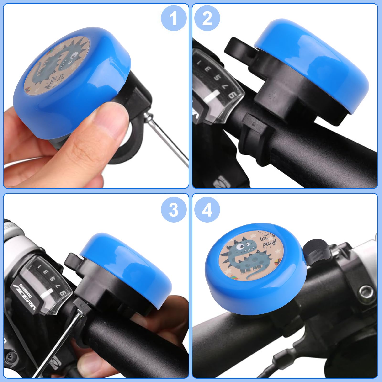 Sonnette Vélo Enfant Dinosaure Bleu + Franges Guidon – Cloche Dinosaure & Pompons Fun