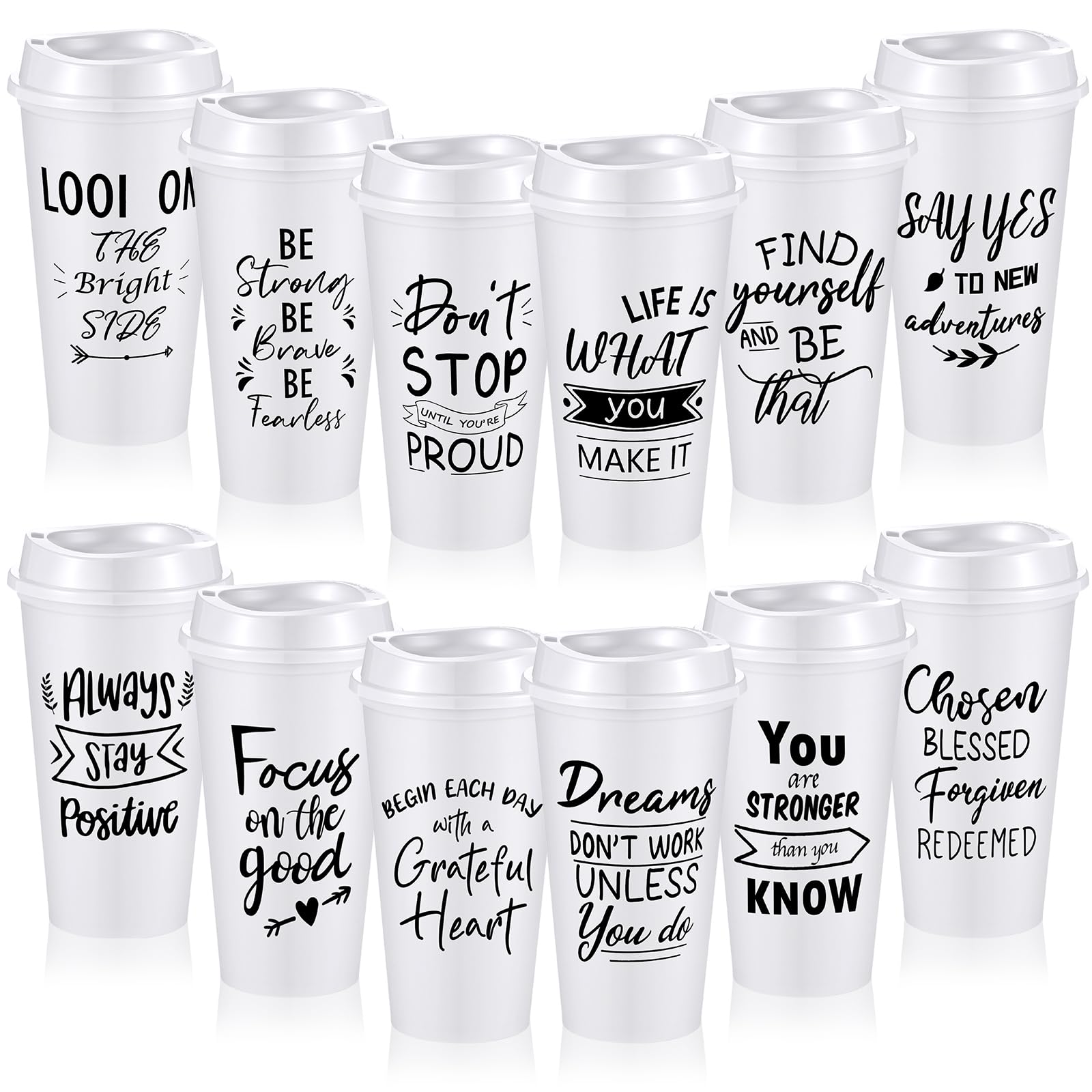 FillTouch 12 Pcs 16 oz Reusable Plastic Coffee Cups with Lids and Positive Sayings, Bulk Inspirational Gifts for Women Men Employee Coworker Staff Team Volunteer, Hot or Cold Drinks (White)