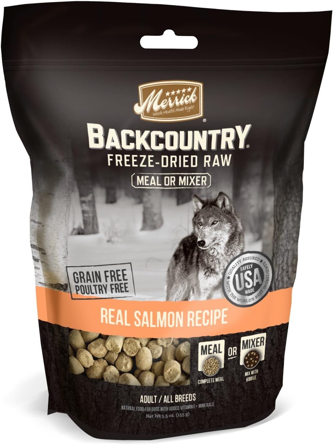 Merrick Backcountry Freeze-Dried Raw Real Salmon Recipe Meal or Mixer Grain Free Adult Dog Food, 12.0 oz.