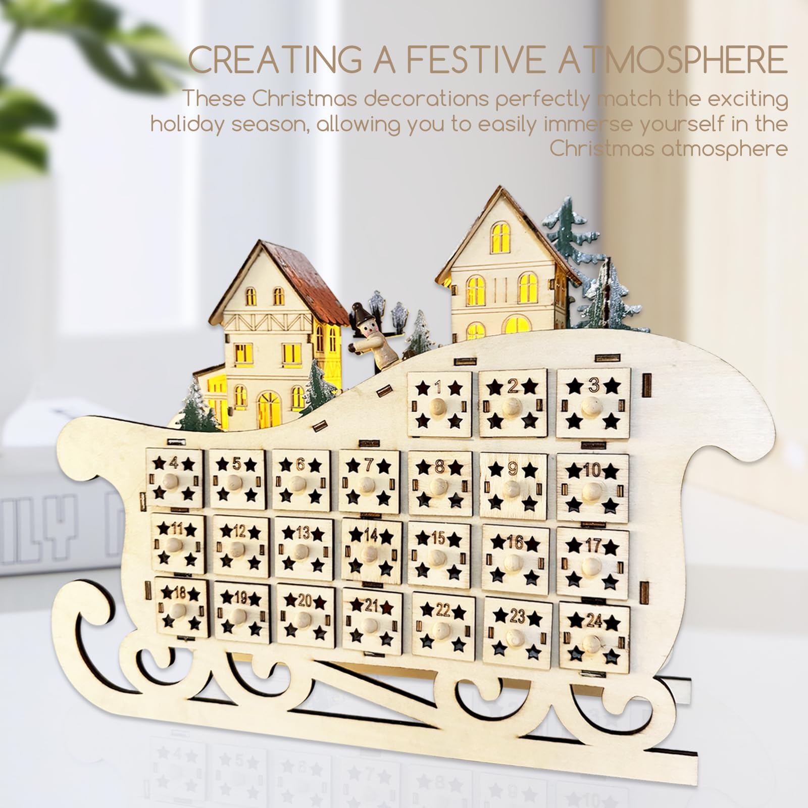 Irieiply Calendario de Adviento de madera con trineo de Navidad con 24 cajones, decoración LED, cabina y árbol de Navidad, calendario de Adviento vacío cuenta regresiva para Navidad para niños