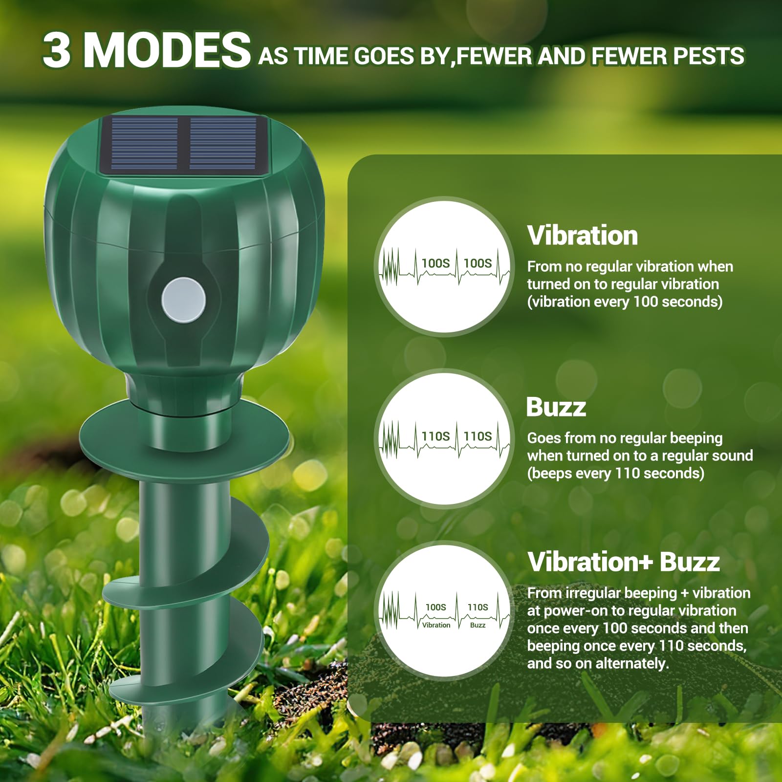 Repelente de topos alimentado por energía solar, 3 modos, impermeable IPX7, repelente ultrasónico de topos para uso en exteriores, disuasorio de picos sónicos para topos, marmotas, ardillas en césped