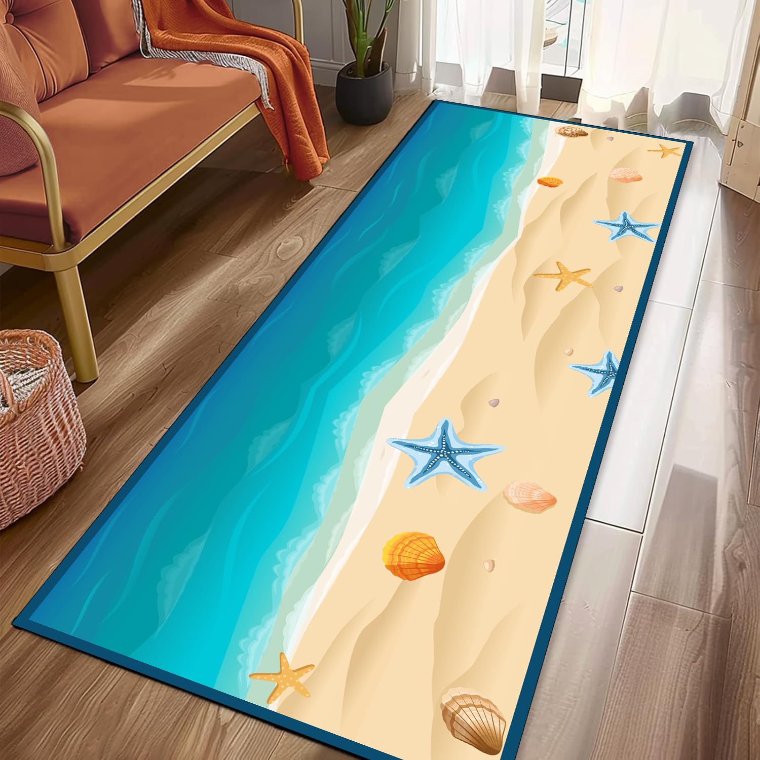 PDENZG Blue Coastal Nautical Beach Themed Hallway Runner Carpet, 80x150cm,Ocean Theme Starfish Seashell Beach Coastal Rug Runners, Non-Slip Backing, Machine Washable Nautical Runner Carpet.
