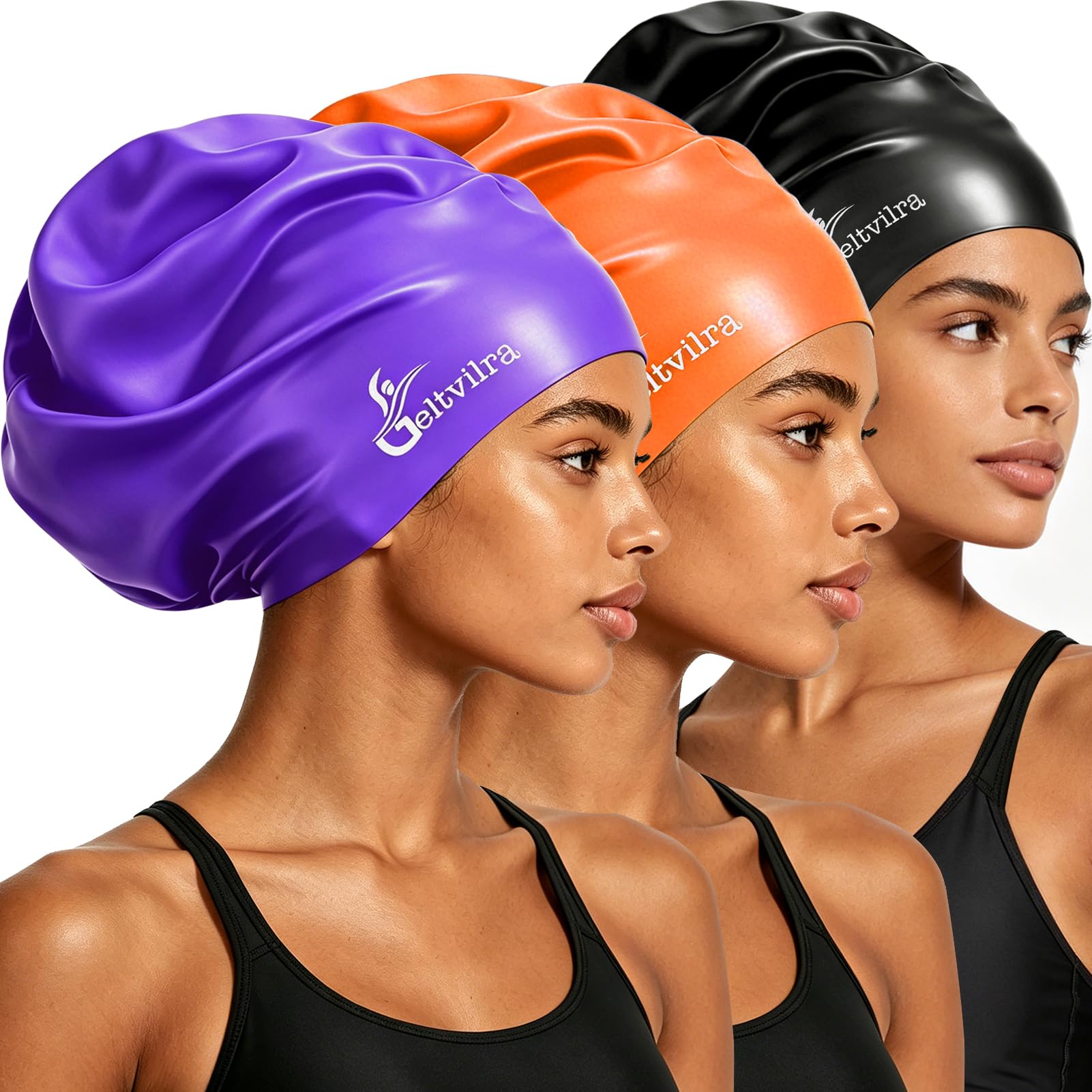 3 Stück extra große Badekappen für Zöpfe und Dreadts, langes Haar, schwarz, Damen, Herren, Schwimmen, Silikon, wasserdicht, Pool
