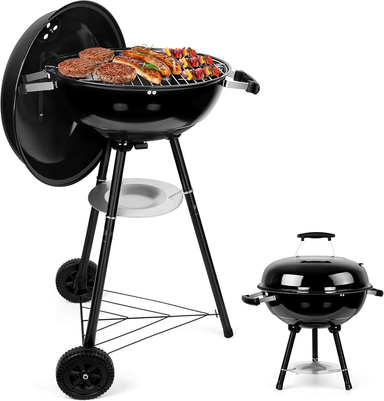 Parrilla de carbón vegetal, parrillas de barbacoa portátiles para acampar al aire libre de 18 pulgadas | Parrilla ahumadora redonda con ruedas para asar en la mesa del patio trasero, tapa esmaltada y brasero, sistema de ventilación doble, negro