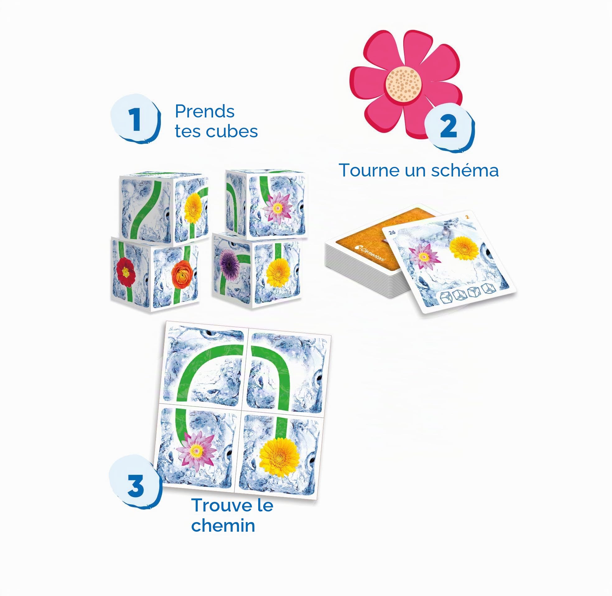 Clementoni - Brain Freeze Fleurs, Jeu de société avec Cubes de Casse-tête, pour Enfants 8 Ans et Toute la Famille, défis de logique et d'observation, 1 à 4 Joueurs, Made in Italy, Langue Italienne,
