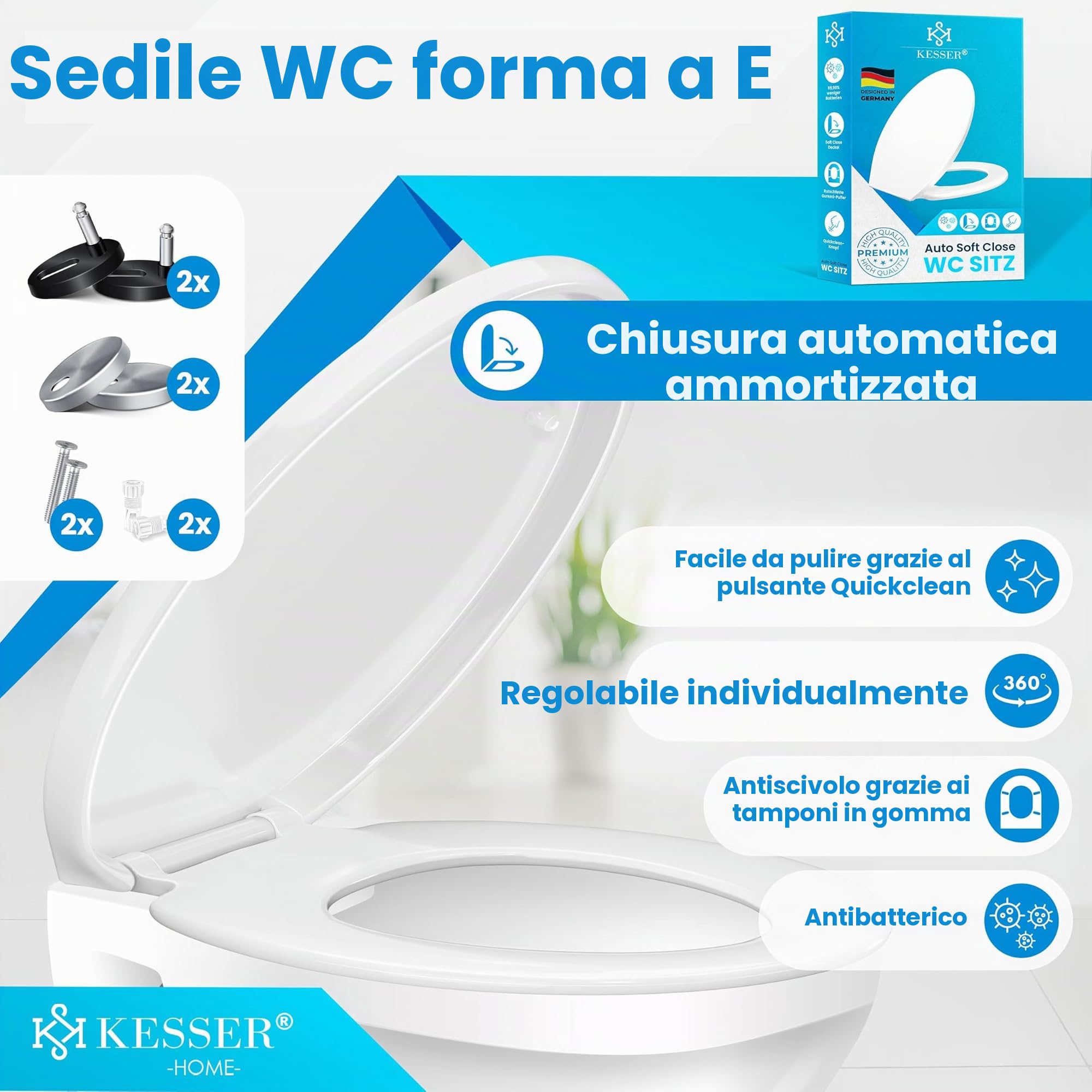 KESSER® Sedile per WC con meccanismo Soft-Close, Funzione di sgancio rapido e Soft-Close - in Duroplast con fissaggio in acciaio inox, WC Sedile a Forma di O