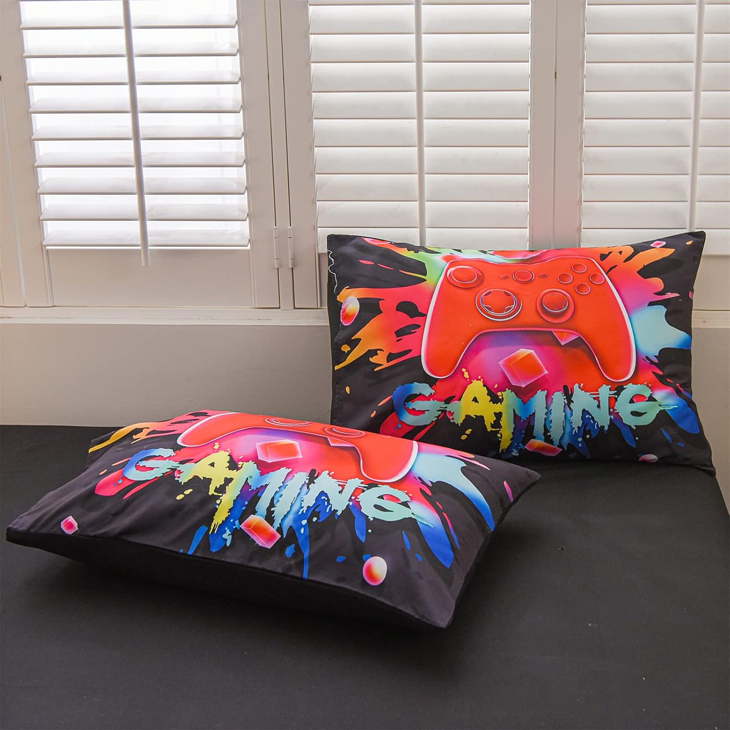 Aimuan Gamer Gaming Bedding Sets 3D Gamepad Comforter Sets for Boys Games Console Action Buttons Novelty Colorful Game Controller Modern Room Decor Home Quilt Set (Black, Twin 6PCS) - Image 7