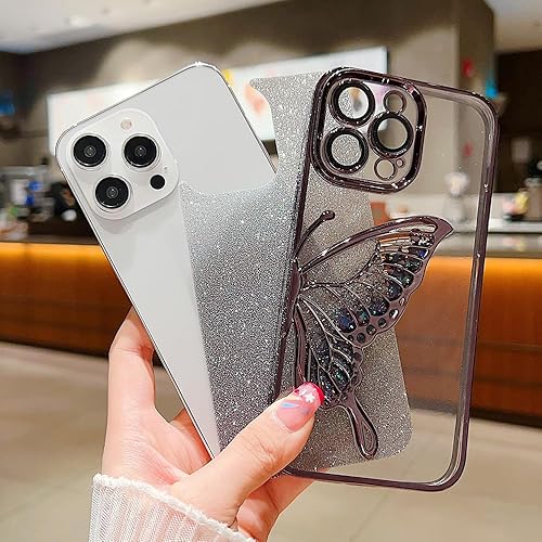 Miniatura 2 de Casechics Funda compatible con iPhone, funda de teléfono con purpurina electro chapada en mariposa de arena líquida, protección de lente de cámara,