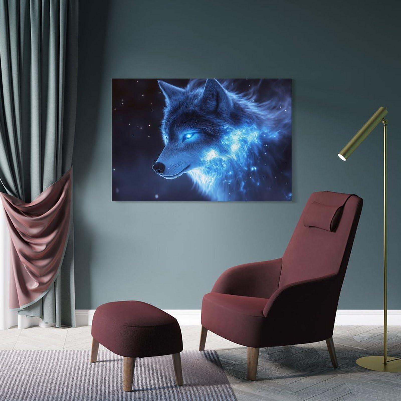 Junmoney Canvas Wall Decor Blue Wolf Digital Art, 20x30inch(50x75cm), for Bedroom, Guest Room Or Reading Nook, Decorative Wall Art for Cosy Rooms