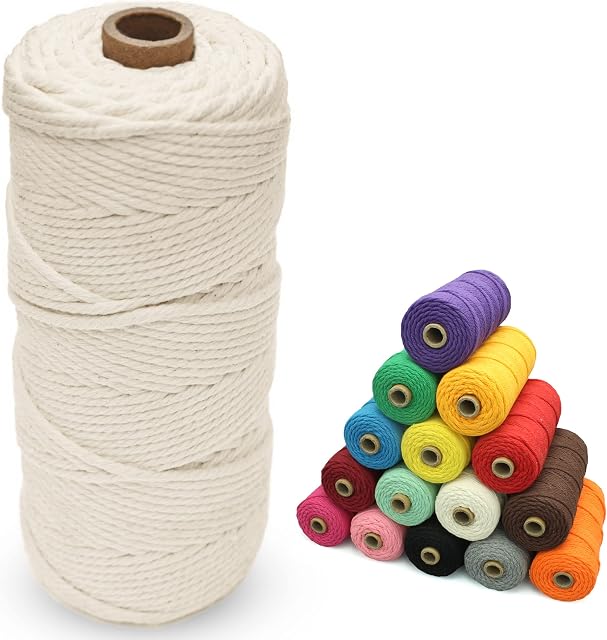 Twinneal Macrame Cord 3mm x 100m (328ft) - 4 Strand Twisted Natural Cotton Macrame Rope String for Plant Hangers, Wall Hangings, Knitting and DIY Craft Projects - Creamy White