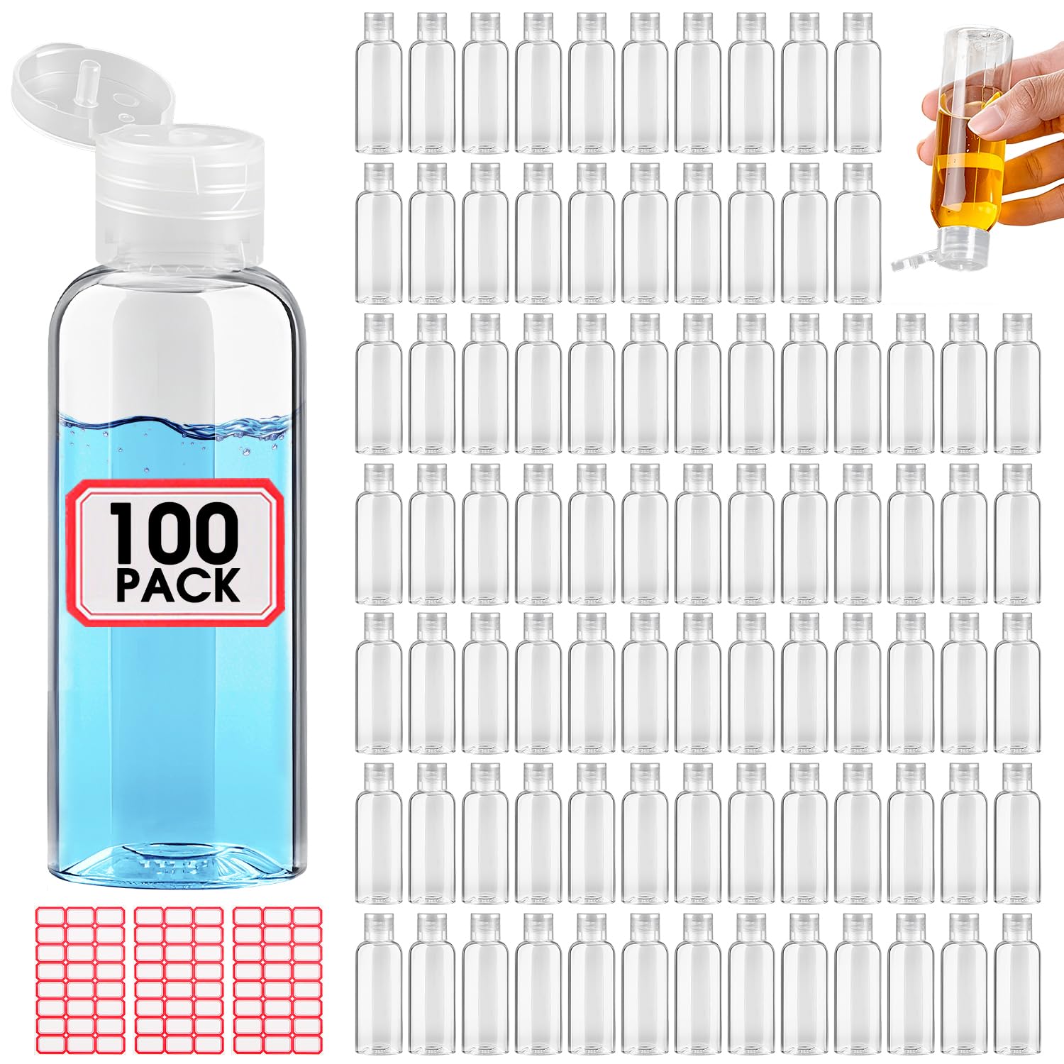 100pcs Empty 3.4 oz Travel Bottles with Flip Cap Tsa Approved Leakproof Plastic Squeeze Small Shampoo Bottles for Toiletries Liquids Travel Essentials Containers for Lotion, Party favors, Bulk Gifting