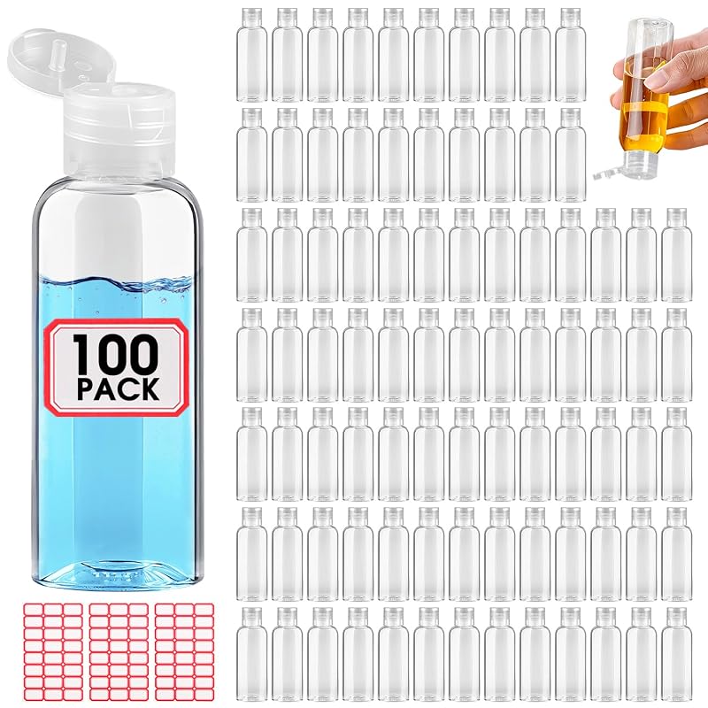 Frascos plásticos recarregáveis DPLASKA com tampa flip, 100 mL, pacote com 100 e etiquetas
