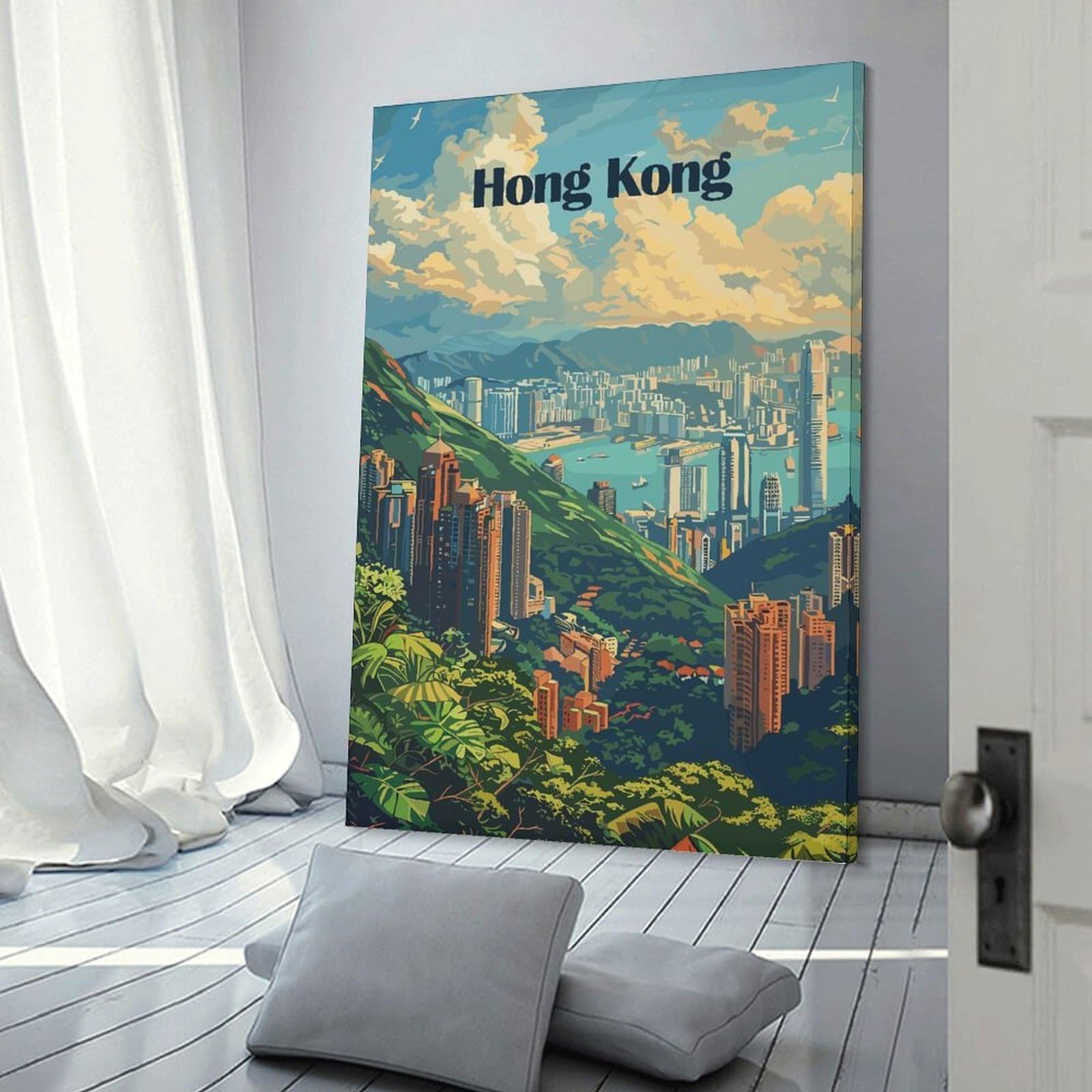 Junmoney Hong Kong Cityscape Illustration Home Decor Wall Art, 20x30inch(50x75cm), for Home, Office, Studio Or Guest Room, An Adaptable Decor Piece for Home Use