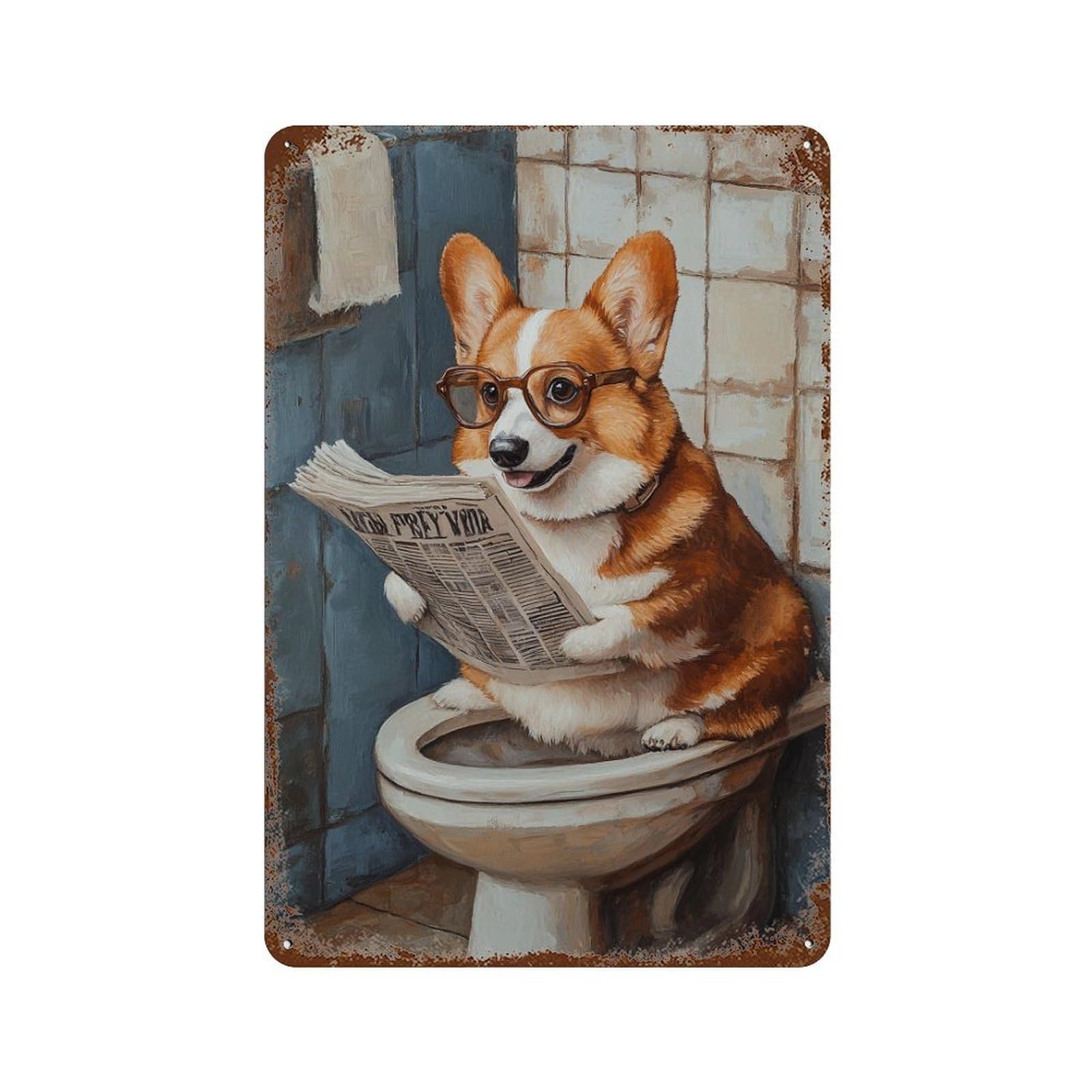 Corgi Reading Newspaper on Toilet Distressed Metal Wall Sign 11.8"x7.9", Ideal for Cafe, Home Bar And Lounge Decor