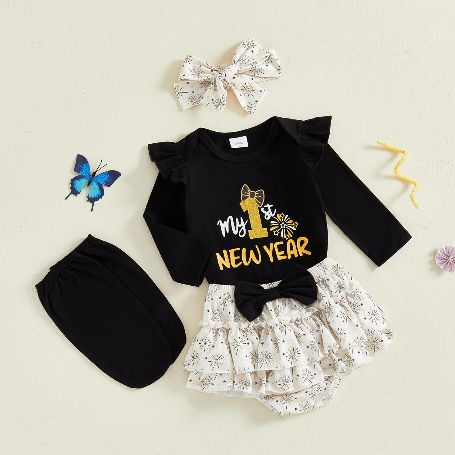 Gueuusu My 1st New Year Baby Girl Outfit Newborn Ruffle Long Sleeve Romper Top Fireworks Tutu Skirt Headband Cute Clothes Set - Image 4