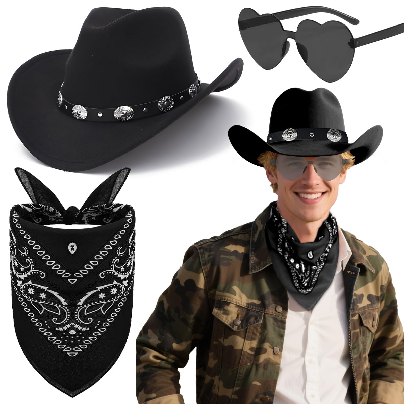 3Pcs Western Cowboy Hat Set, Unisex Cowboy Fancy Dress Kit with Wide Brim Hat Paisley Bandanna Heart Shape Sunglasses for Adult Masquerade Halloween Parties