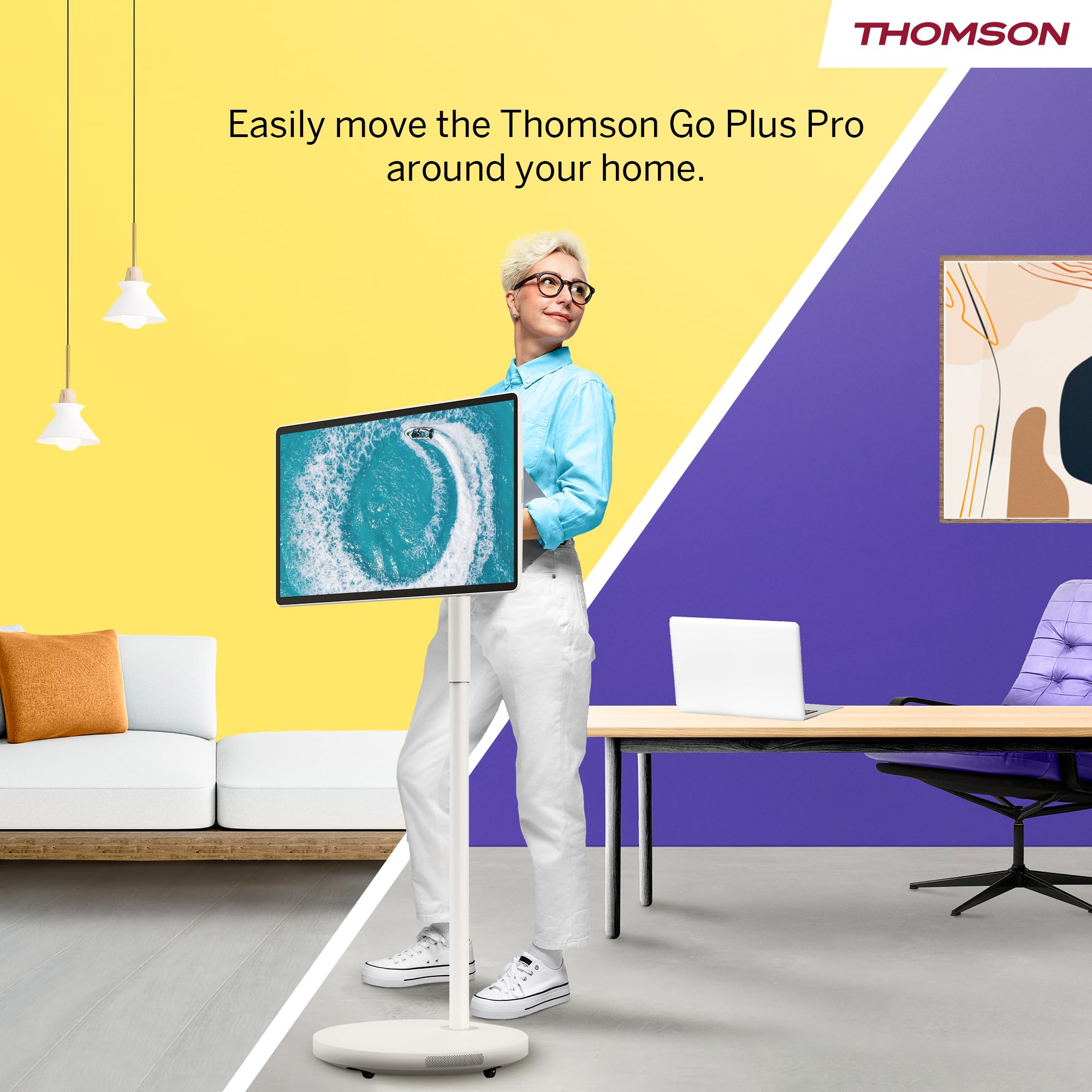 Thomson Go Plus Pro 27 Zoll (69 cm) 4K UHD Smart Touch Display, Android, Sprachsteuerung, Hotspot, 9000 mAh Akku, 5MP Kamera, Subwoofer, WiFi 6, Bluetooth, Tragbarer Ständer -27UE7M45- Weiß