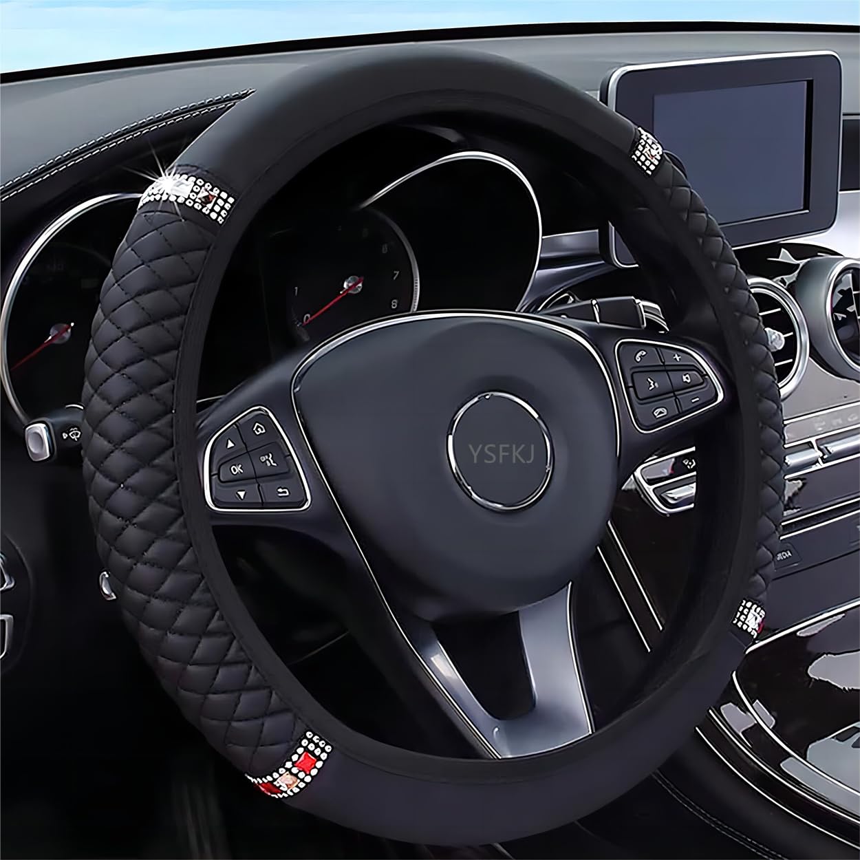 Diamond Leather Steering Wheel Cover with Bling Bling Crystal Rhinestones, Universal 15 inch Car Steering Wheel Protector for Women Girls (Black)