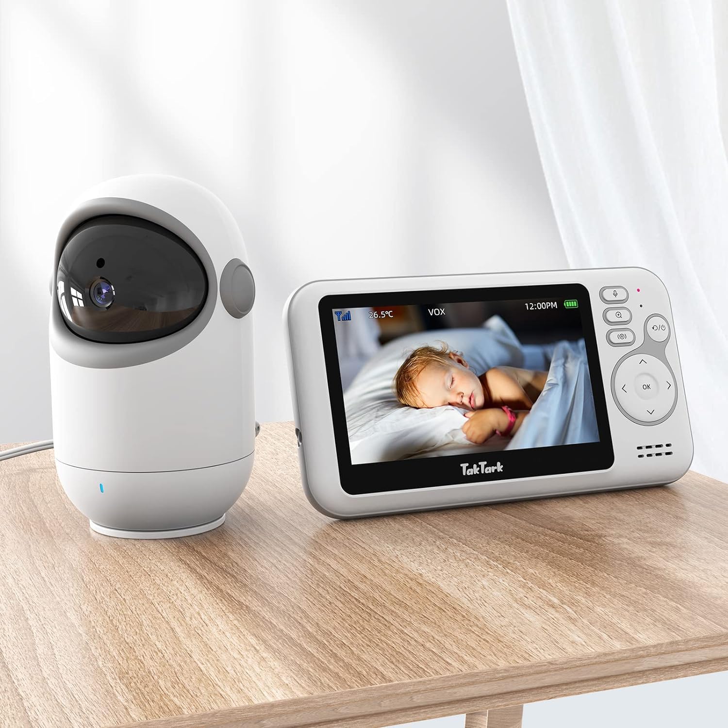 TakTark Babyphone mit Kamera, 4.3'' Babyfon mit Kamera und Audio mit Pan-Tilt 300° Rotation Video Baby Monitor mit VOX, Gegensprechfunktion, Nachtsicht, Temperatursensor und Keine störenden Lichter