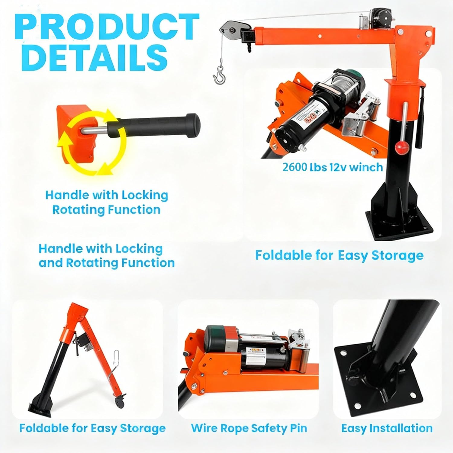 Professional Folding Truck Crane, 1300LB Capacity Truck Bed Crane with 2600LB Electric Winch and Foldable Truck Bed Hoist for Pickup and Heavy-Duty Lifting