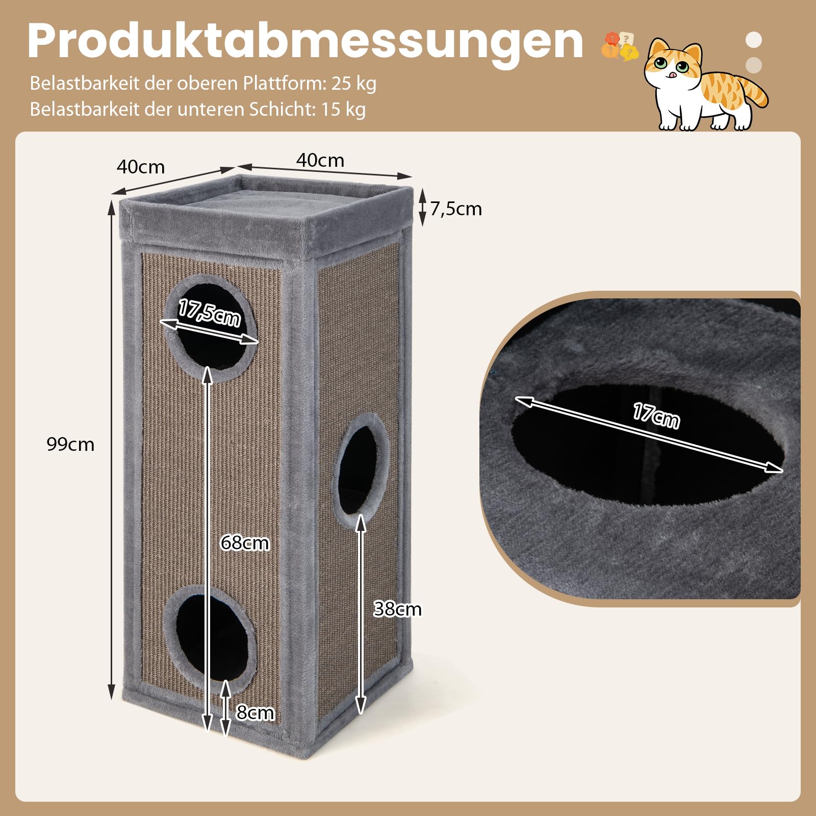 GYMAX Kratztonne 40 x 40 x 99 cm, 4-stöckige Katzentonne mit 3 Höhlen, abnehmbare Plüschkissen & 2 Kratzbretter, Stabiler Kratzbaum für kleine & große Katzen (Grau)