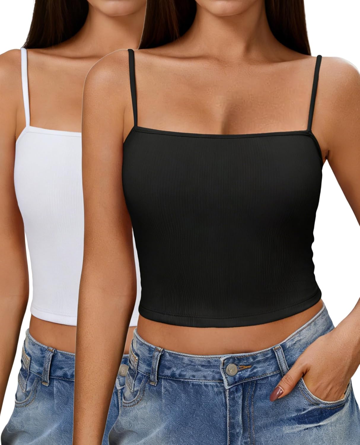 Ekouaer Women's Ribbed Spaghetti Strap Camisole Tank Top 2 Pack