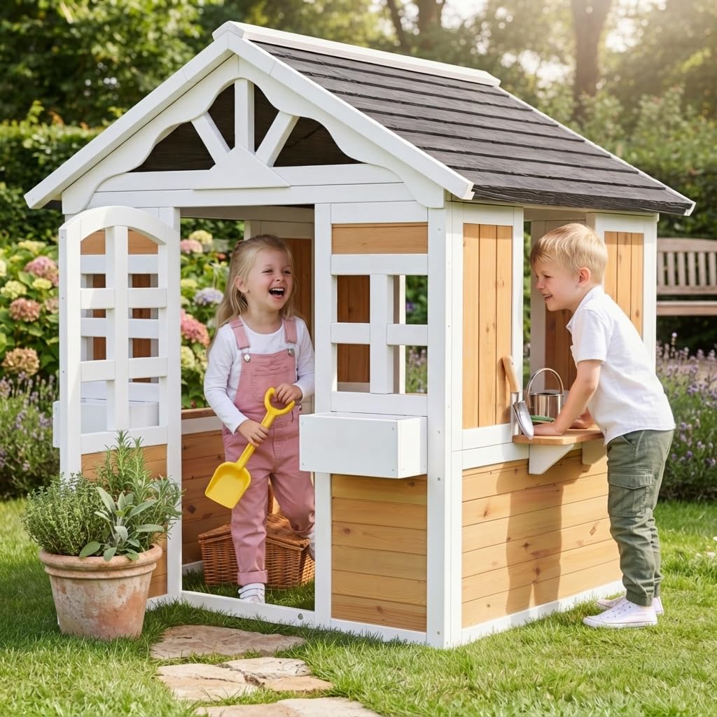 Massivholz Kinderspielhaus Outdoor 132cm Wetterfest mit Verkaufsfenster | Stabiles Holz-Spielhaus für Garten. 132cm hoch, EN 71 geprüft. Mit Marktstand & Pflanzkasten für kreatives Rollenspiel.