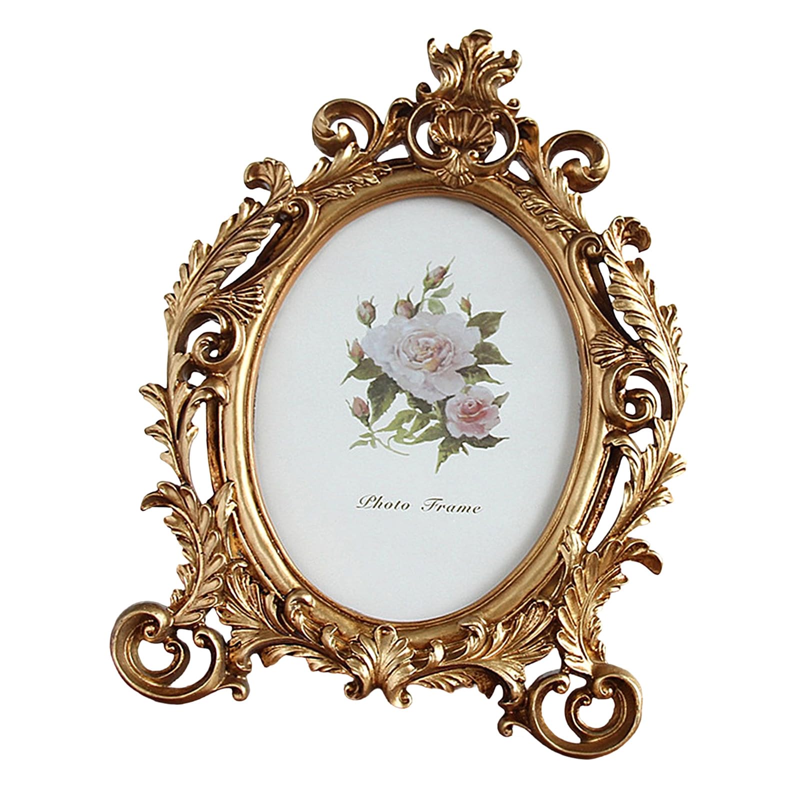 Oval Antique Resin Photo Frame Golden Flowers Desktop Picture for Classical Home Decors and Display Oval Shape Desktop Resin