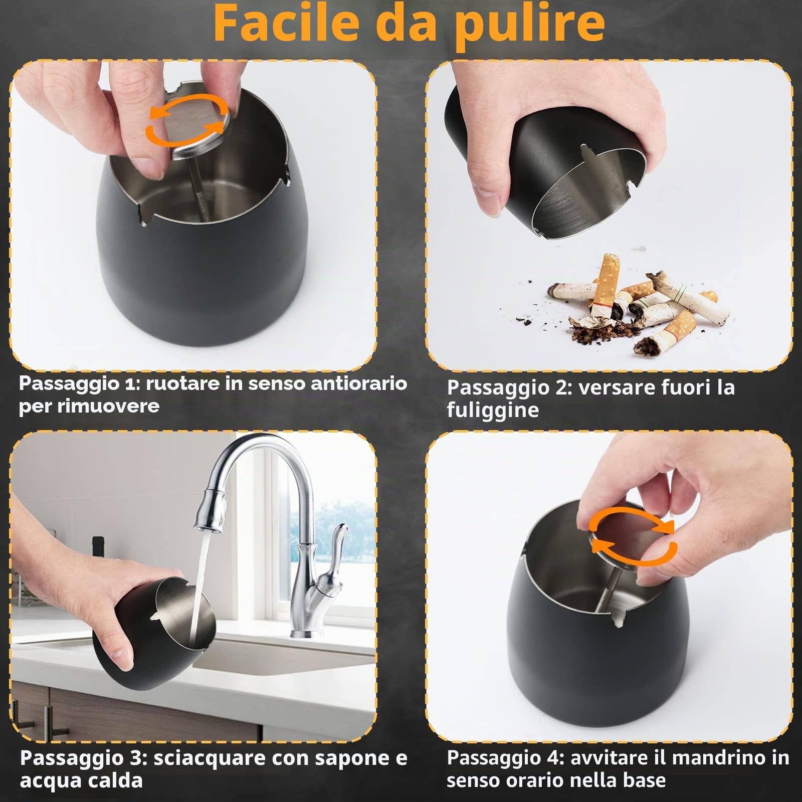 Posacenere Esterno Acciaio Inox Antivento con Coperchio, Metallo Ashtray da Tavolo per Balcone Casa Giardino Bar Ristoranti Hotel - Nero