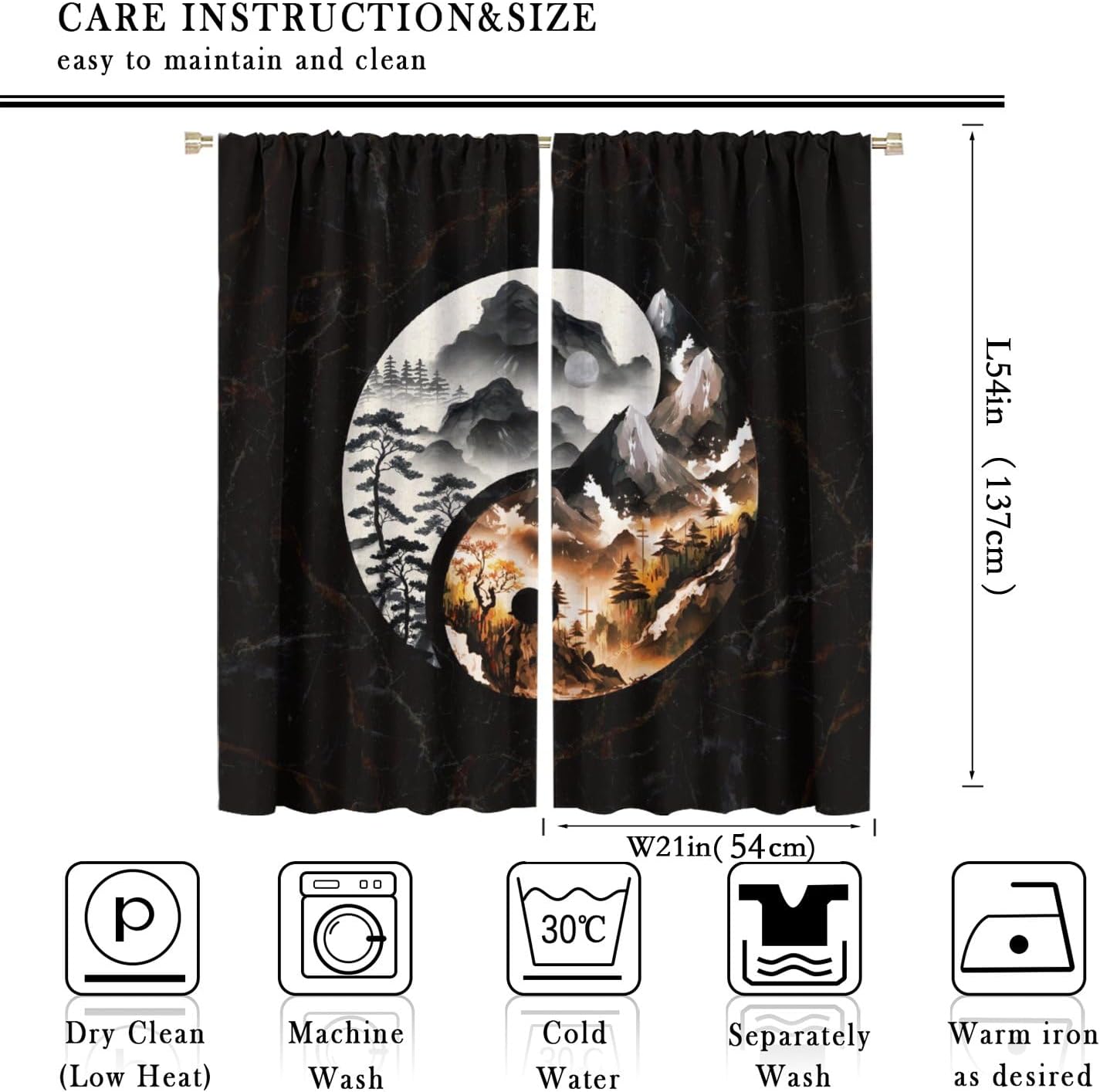 Watercolor Forest Yin Yang Blackout Curtains for Bedroom, Vintage Ink Japanese Style Yin Yang Full Moon Marble Design Rod Pocket Thermal Darkening Curtains Window Drapes 2 Panels 54"L x 21"W