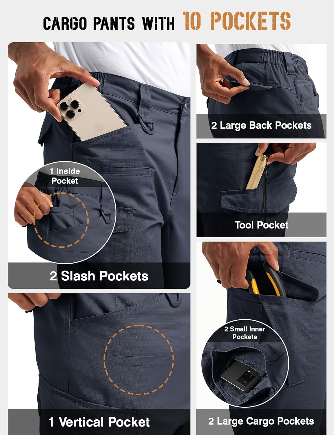 TBMPOY Men's Water Resistant Cargo Work Pants Ripstop Tactical Hiking Military Construction Outdoor Pants 10 Pockets - Image 4