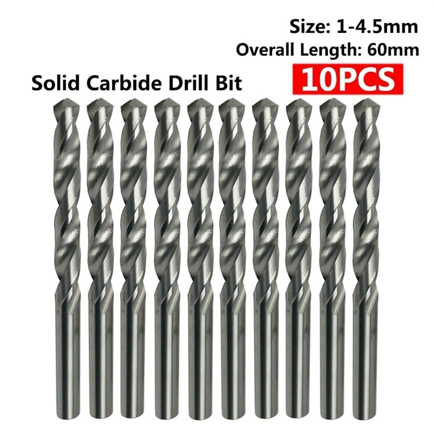 10PCS 1mm-4.5mmx60mm OAL Solid Carbide Drill Bits Set Bright Round Shank Spiral Flute Twist Drill Bit for Metal (Size : 1.5mm 10pc)