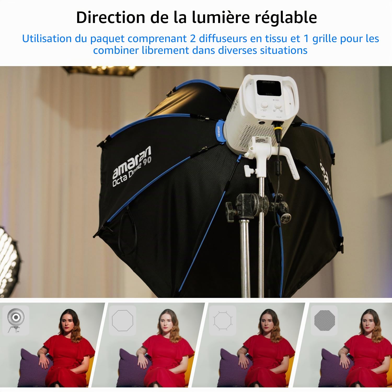 Amaran Octa Dome 90 Softbox Octogonale à Monture Bowens, Modificateur de Lumière à Installation Rapide avec Diffusion & Grille pour Portraits & Interviews en Studio, Portable avec Sac