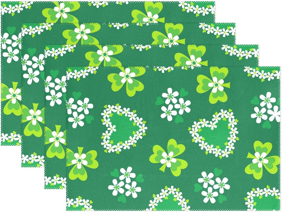 WIHVE St Patricks Placemats Set of 4 Clover Shamrock Flowers Kitchen Dining Table Mats Polyester Placemat