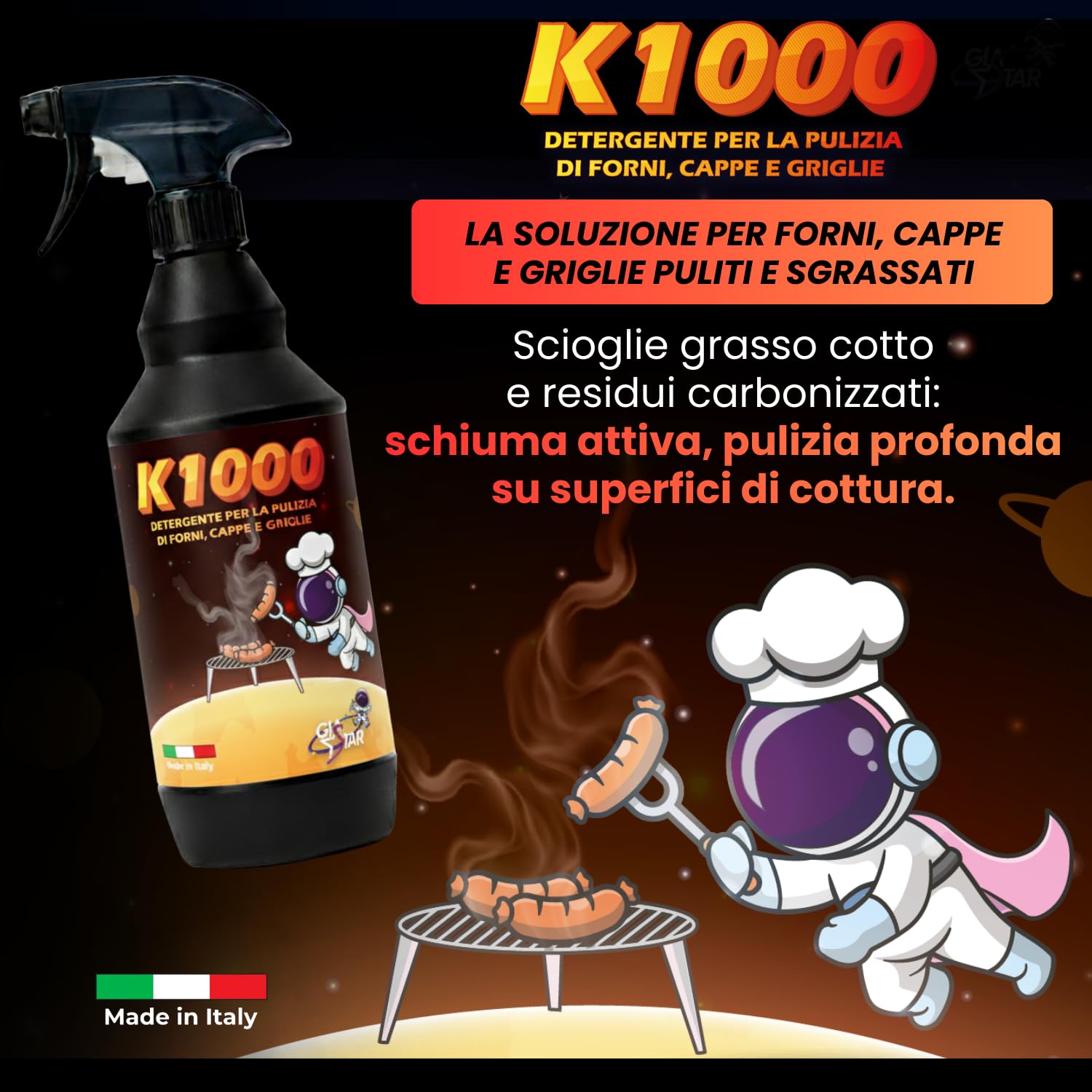 Detergente Pulizia Forno K1000 | Sgrassatore per Grasso Cotto e Incrostazioni | Griglia Barbecue, Grill e Cappe | Spray Uso Puro o Diluito | 750 ml Made in Italy