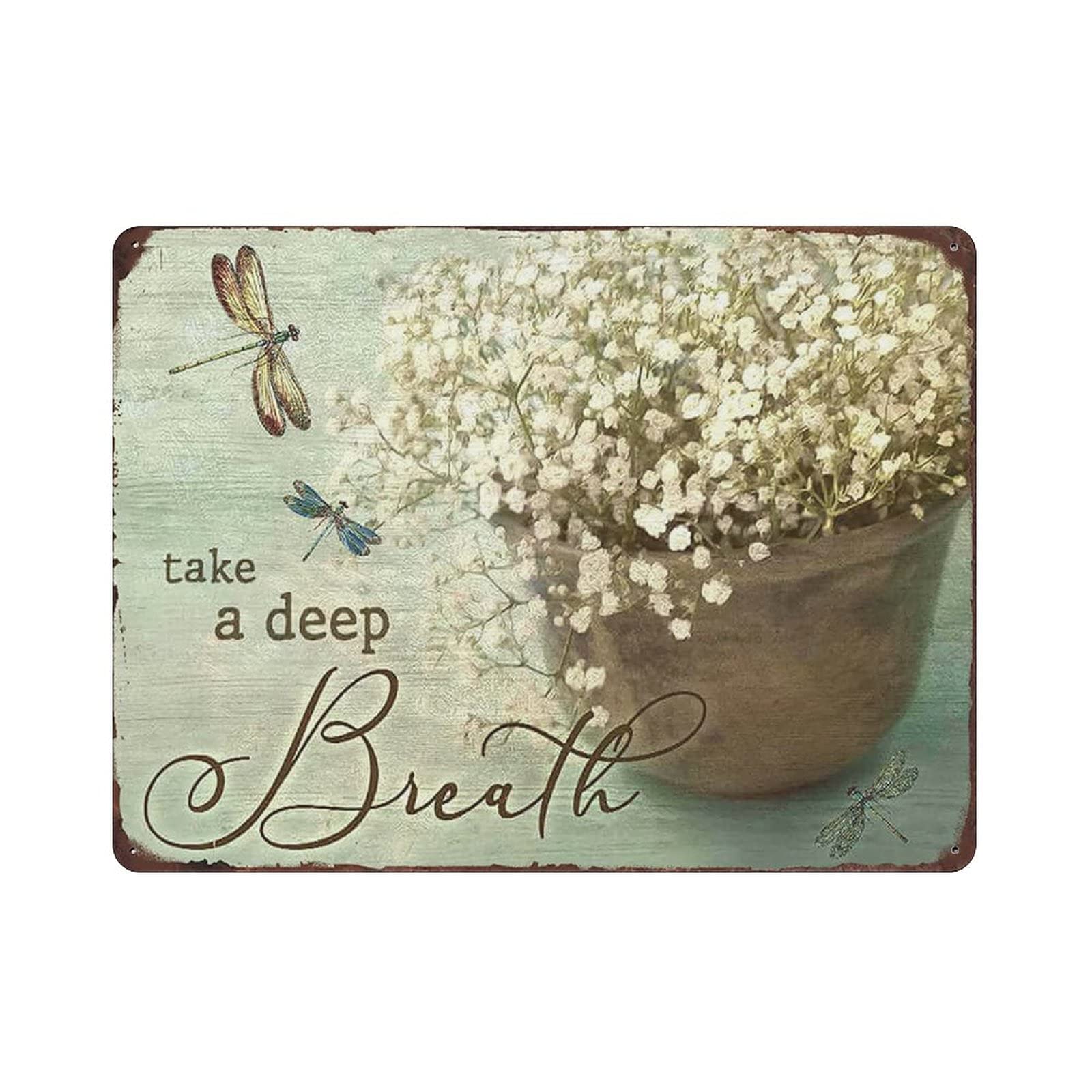 Flowers and Dragonfly Take a Deep Breath Metal Signs, Fun Poster For Bar Kitchen Cafe Farmhouse Wall Decor 12x16 inch