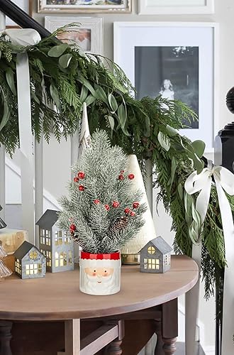 Miniatura 4 de Árbol de Navidad pequeño de 14 pulgadas con aguja de pino artificial en maceta con bola de Navidad y cono de pino en maceta de cerámica de muñeco de