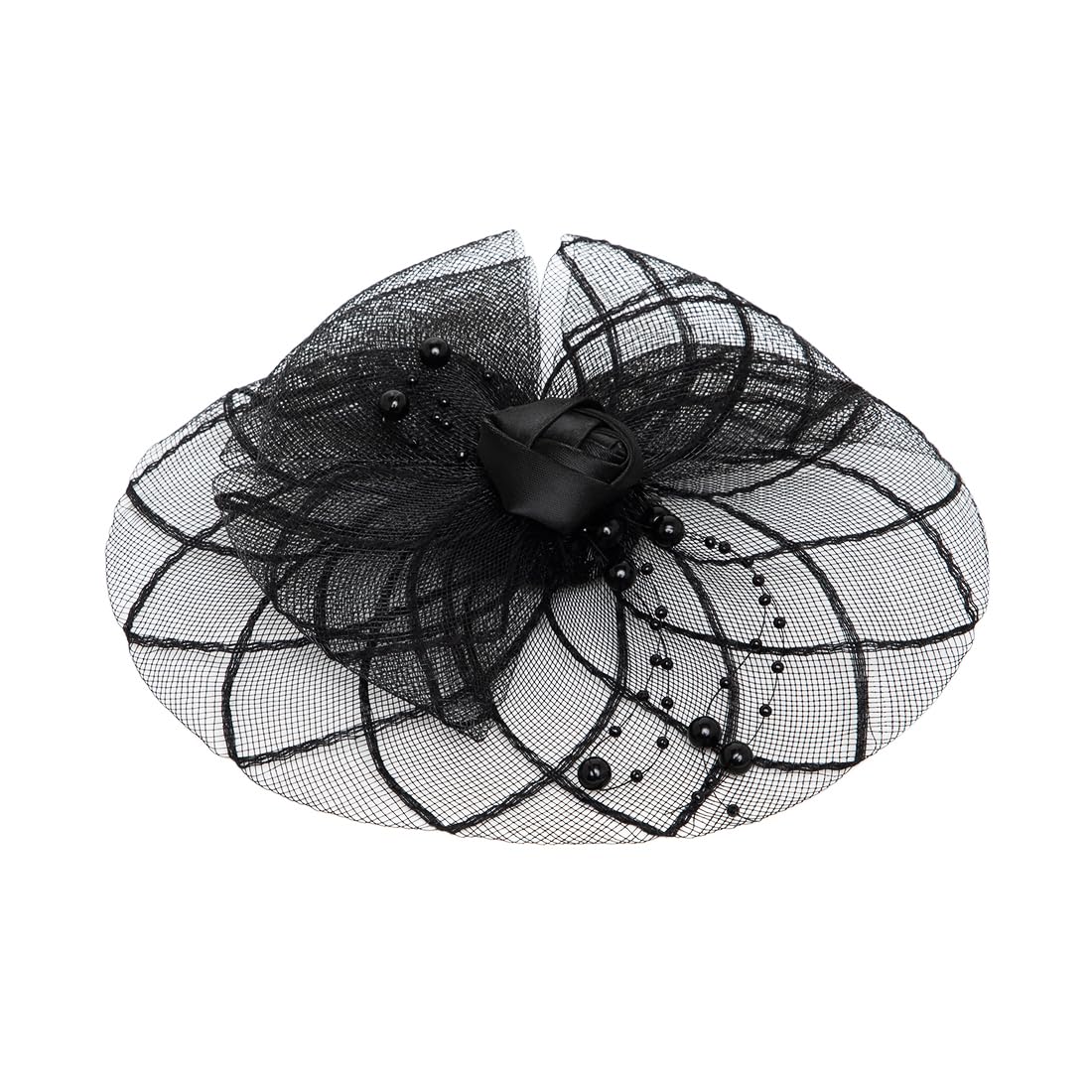 Fascinator Hat for Women | Black Hat with Pearl & Mesh Bow Design | Includes Alligator Clip & Headband | Hair Accessory for Weddings, Parties & Special Occasions | 1-Piece