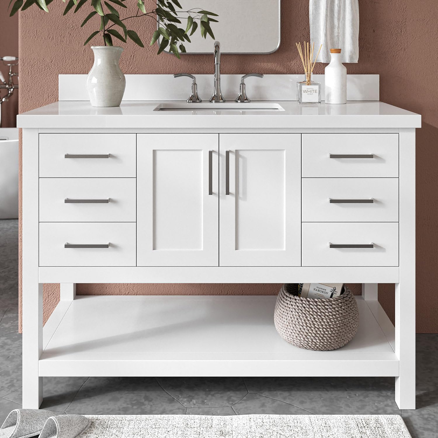 ARIEL 49" White Bathroom Vanity, 1.5" Edge Pure White Quartz Countertop & Splash, Rectangular Sink, 2 Soft Closing Doors, 6 Full Extension Dovetail